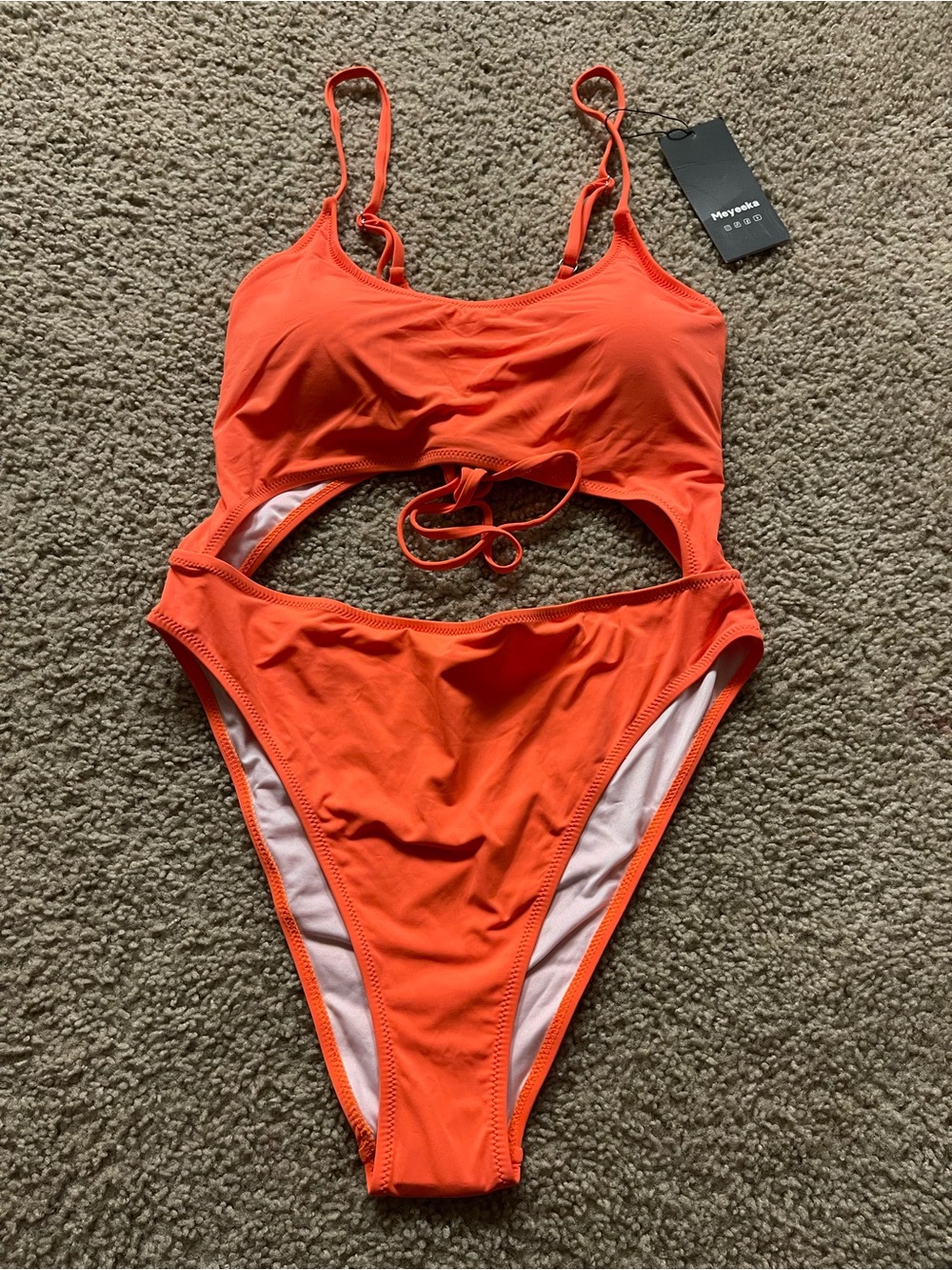 NWT Womens MAYEEKA Halter One-piece Orange Swimsuit w/ Front Cut Out Style Sz XL